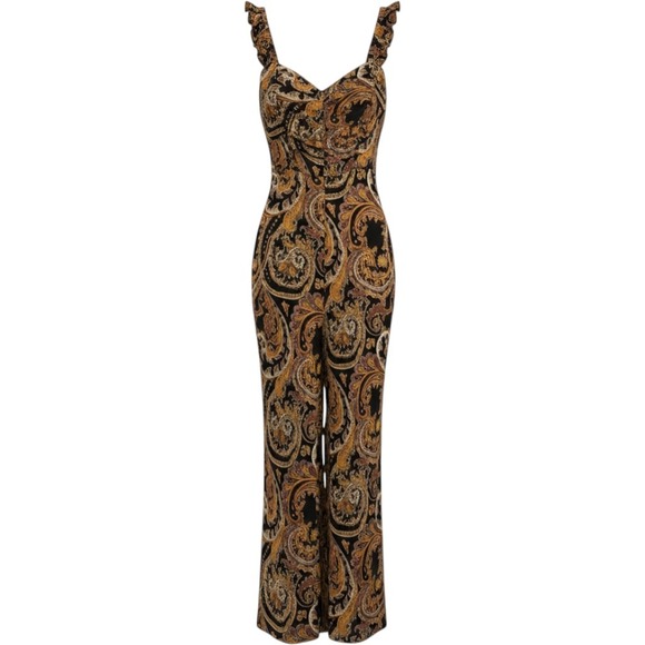 House of Harlow 1960 Pants - House of Harlow 1960 x REVOLVE Paisley Ruffle Wide Leg Jumpsuit Black Gold XS
